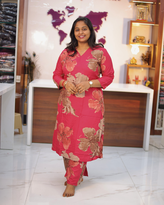 Spun Cotton V Neck Trendy Pink Co Ord Set - RYCS06