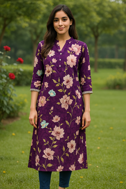 Spun Cotton Kurti - Purple Floral