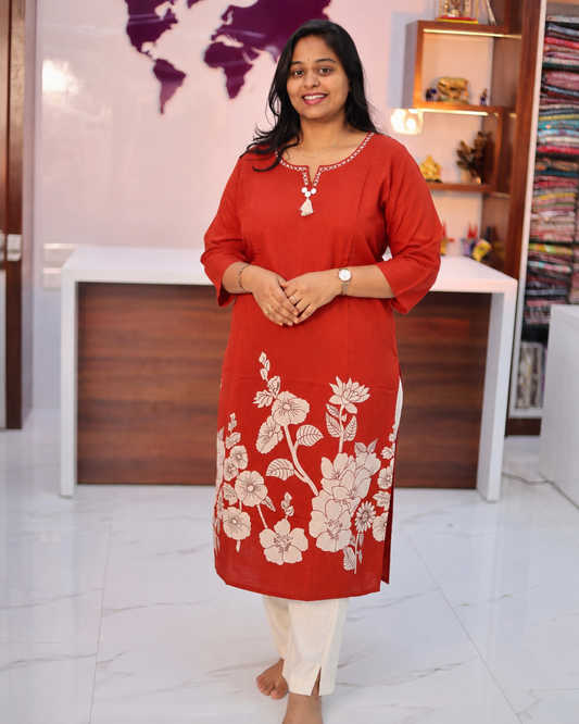 Rust Red with Ivory Floral Print Kurti - SAKT02