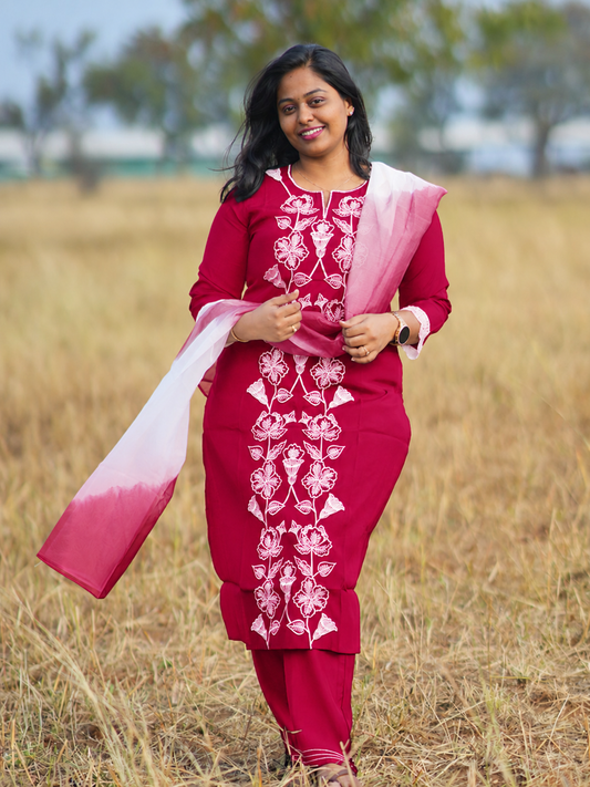 Pink & White Floral Embroidery 3 Pcs Silk Salwar Set - SMSS04