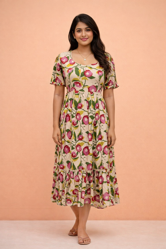 Kalamkari Cotton Puff Midi - KKMD37
