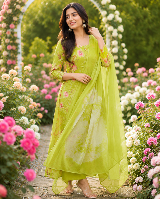 Vatican Silk Fluorescent Lime Green 3 Pcs Salwar Set - JVSS02