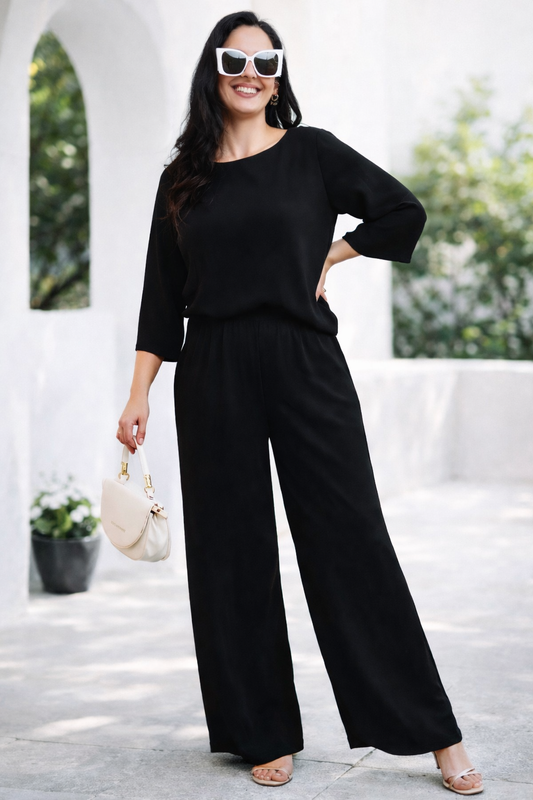 Trendy Vacation Black Plain Short Co Ord Set - TVSC28