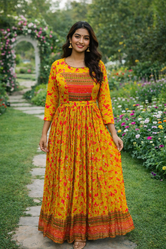 Vintage Floral Yellow Sequence Maxi