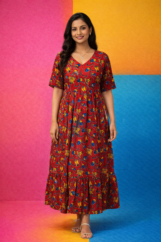 Kalamkari Cotton Puff Midi - KKMD01