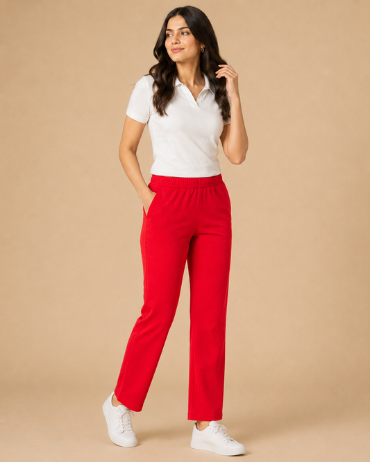 Stretchable Straight Pant With Pocket - Bright Red