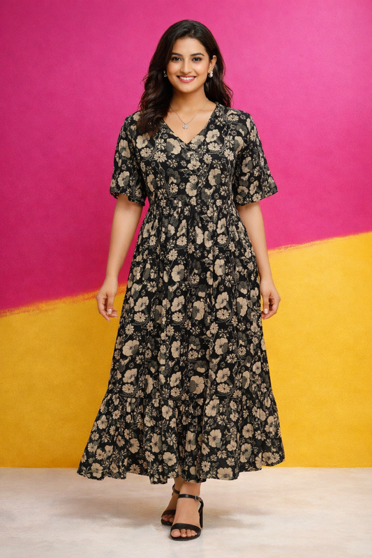 Kalamkari Cotton Puff Midi - KKMD02