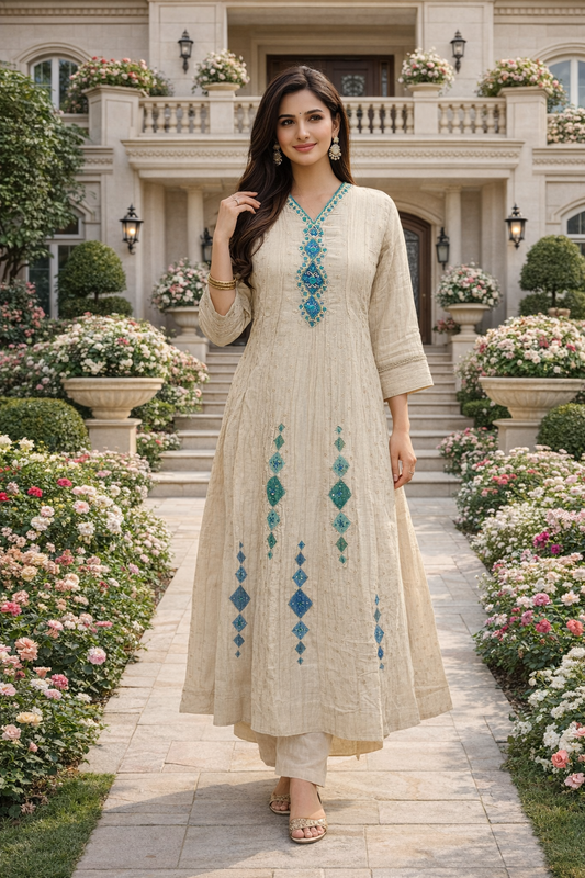 Premium Party Wear Royal Cream 3 Pcs Anarkali Set - PPAS01