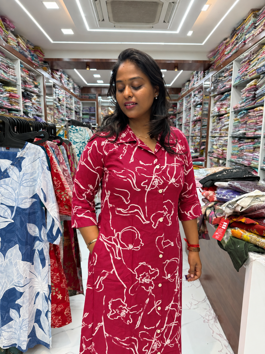 Cherry Red & White Abstract Line Art Flex Cotton Co Ord Set - JVCS05