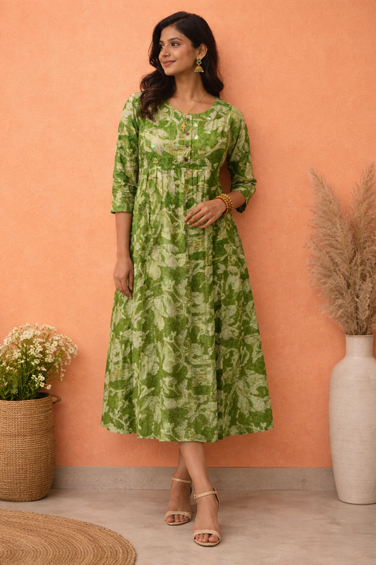 Olive Green Botanical Print Fluffy Midi - FFMD01