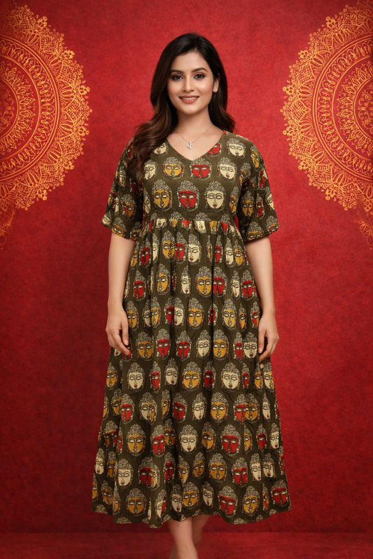 Kalamkari Cotton Puff Midi - KKMD28