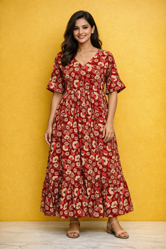 Kalamkari Cotton Puff Midi - KKMD31