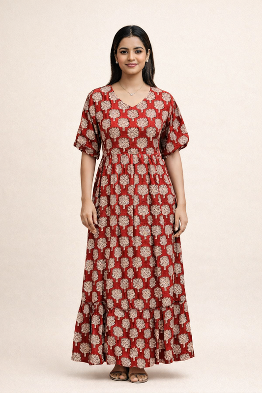 Kalamkari Cotton Puff Midi - KKMD23