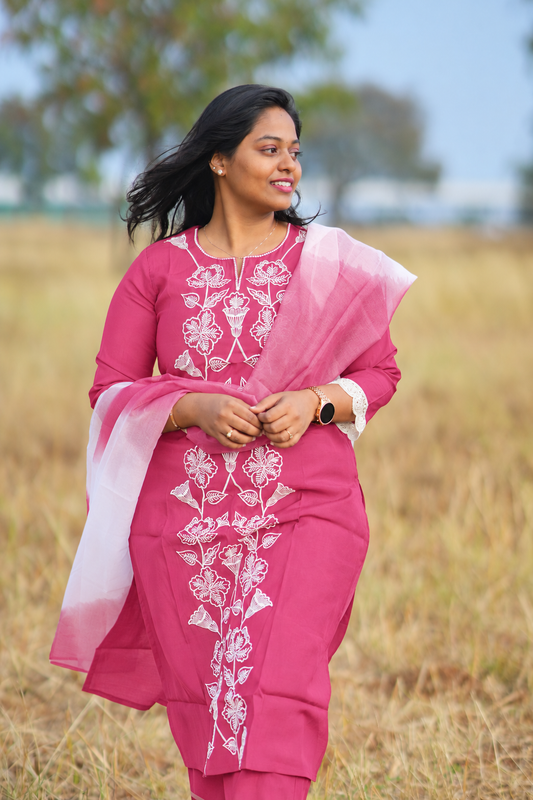 Baby Pink & White Floral Embroidery 3 Pcs Silk Salwar Set - SMSS03