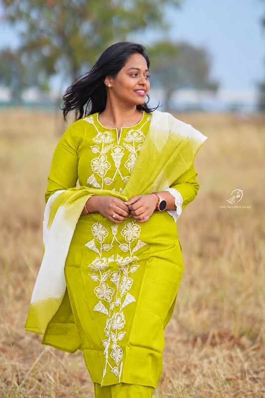Lime Green & White Floral Embroidery 3 Pcs Silk Salwar Set - SMSS02