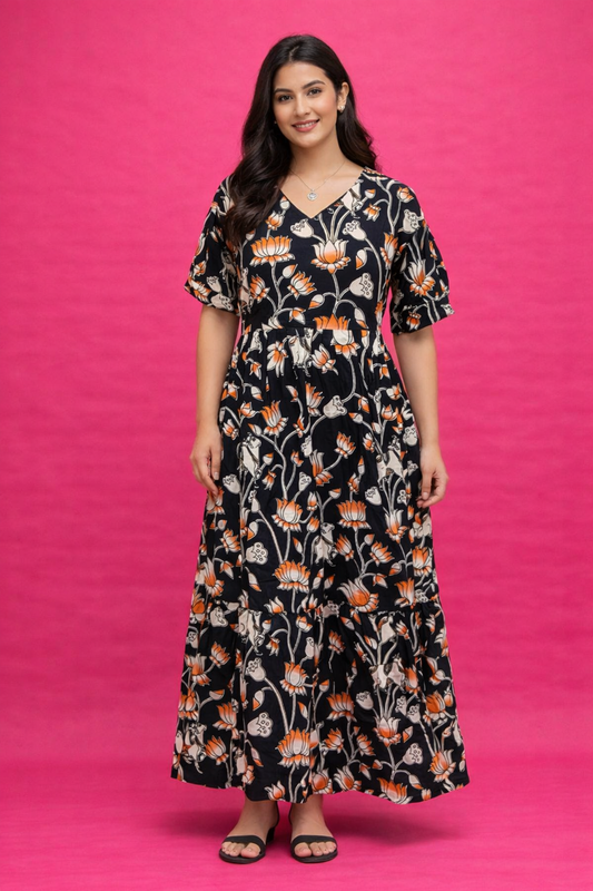 Kalamkari Cotton Puff Midi - KKMD16
