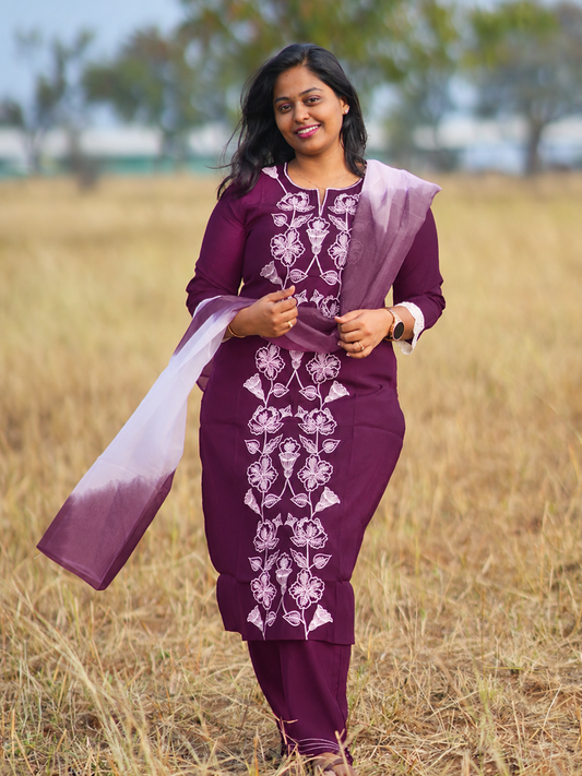 Wine & White Floral Embroidery 3 Pcs Silk Salwar Set - SMSS05
