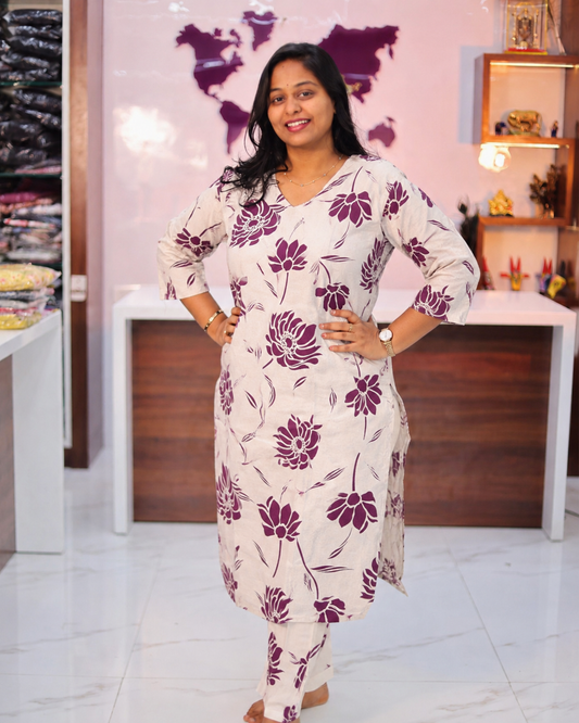 Flex Cotton Natural Ivory with Deep Magenta Lotus Co Ord Set - FCCS16