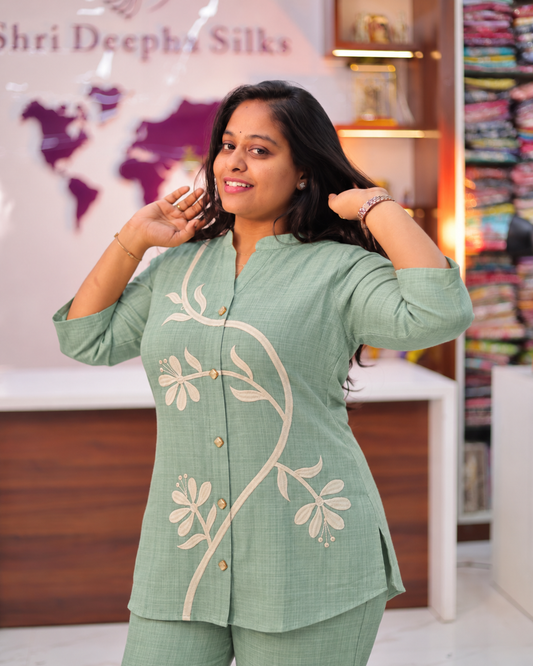 Mint Green Floral Embroidered Short Co Ord Set - STSC01