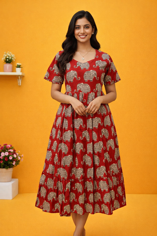 Kalamkari Cotton Puff Midi - KKMD27