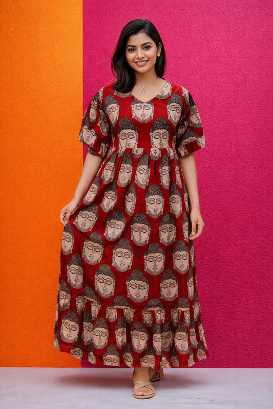 Kalamkari Cotton Puff Midi - KKMD14