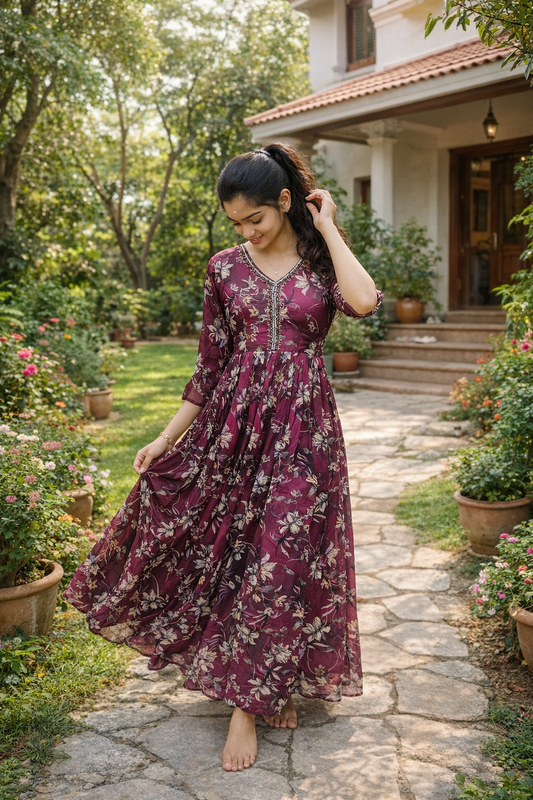 Vintage Floral Purple Sequence Maxi