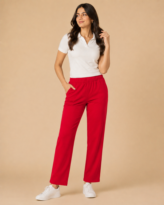 Stretchable Straight Pant With Pocket - Red