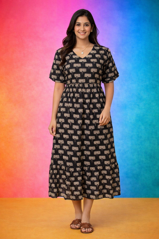 Kalamkari Cotton Puff Midi - KKMD15