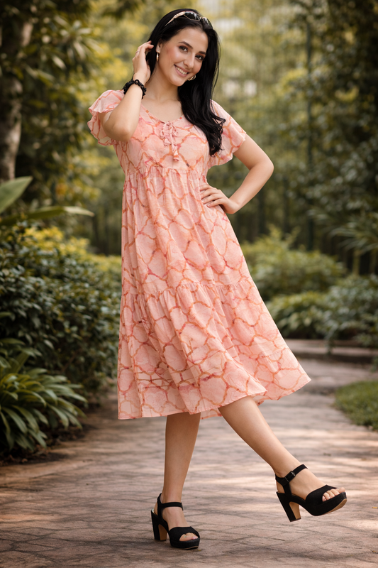 Trendy Vacation Pink With Mustard Western Midi- TVSC35