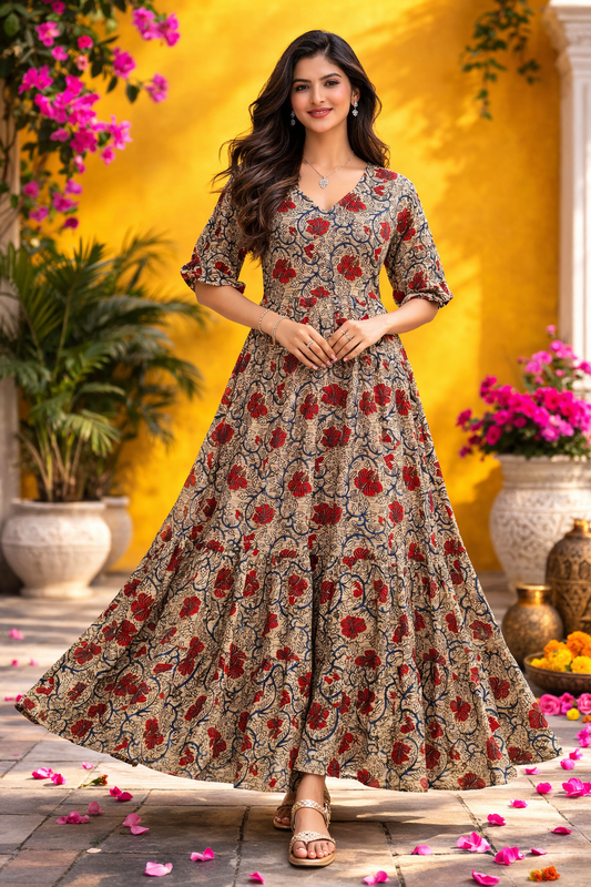 Kalamkari Cotton Puff Midi - KKMD17