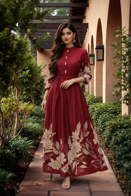 Cherry Red Floral Silk Midi - SKMD01