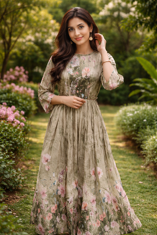 Vintage Floral Olive Green Sequence Maxi