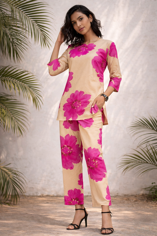 Trendy Vacation Cream Pink Flower Short Co Ord Set - TVSC27