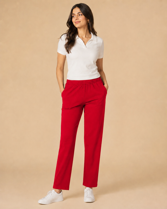 Stretchable Straight Pant With Pocket - Red