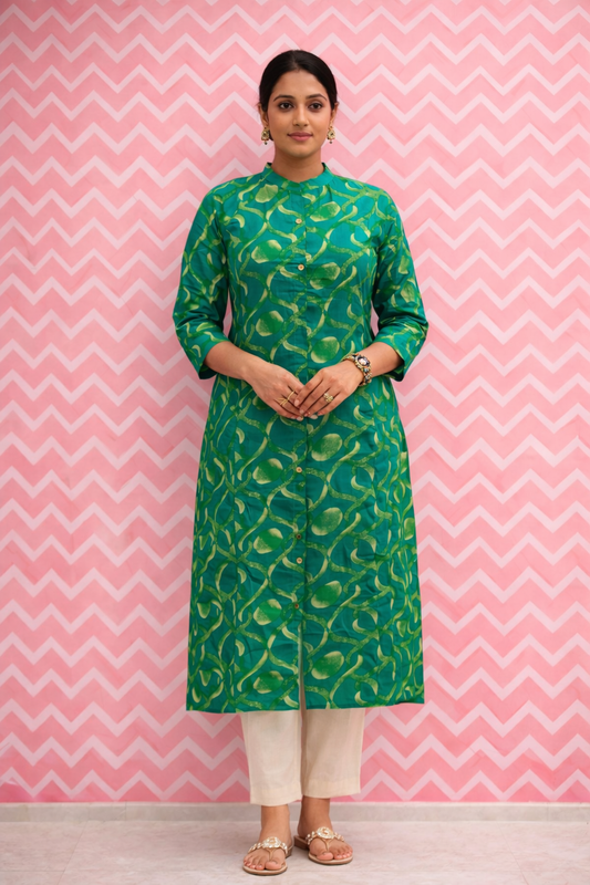 Spun Cotton Forest Green Aline Kurti - ALKT54