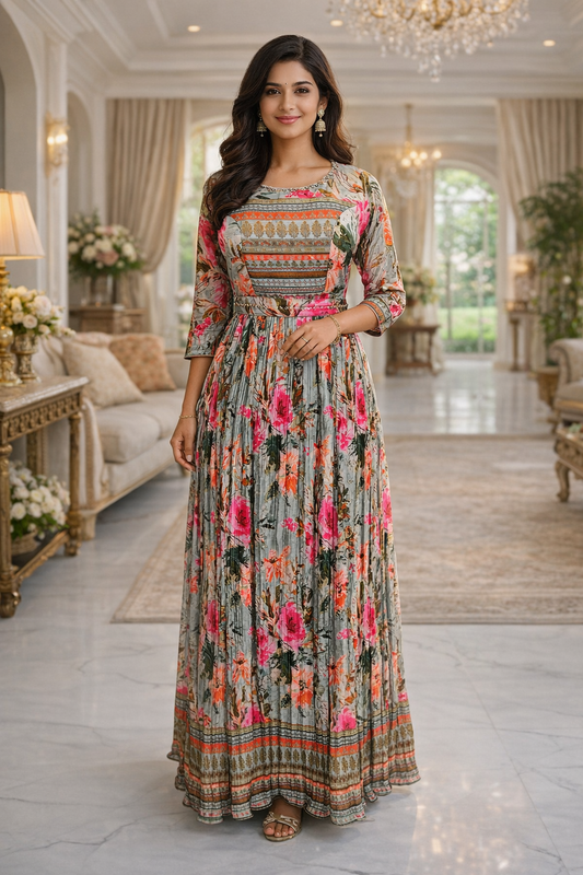 Vintage Floral Grey Sequence Maxi - MX02