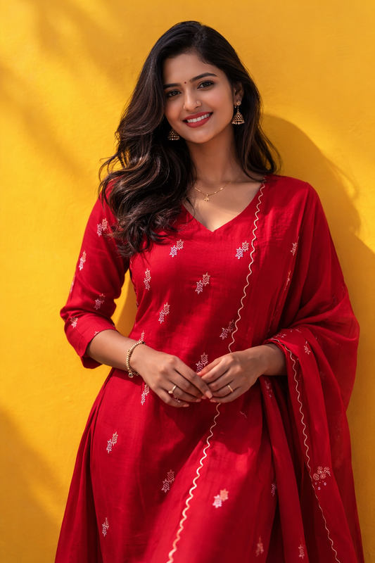 Premium Party Wear 3 Pcs Red Silk Salwar Set - PPSS48