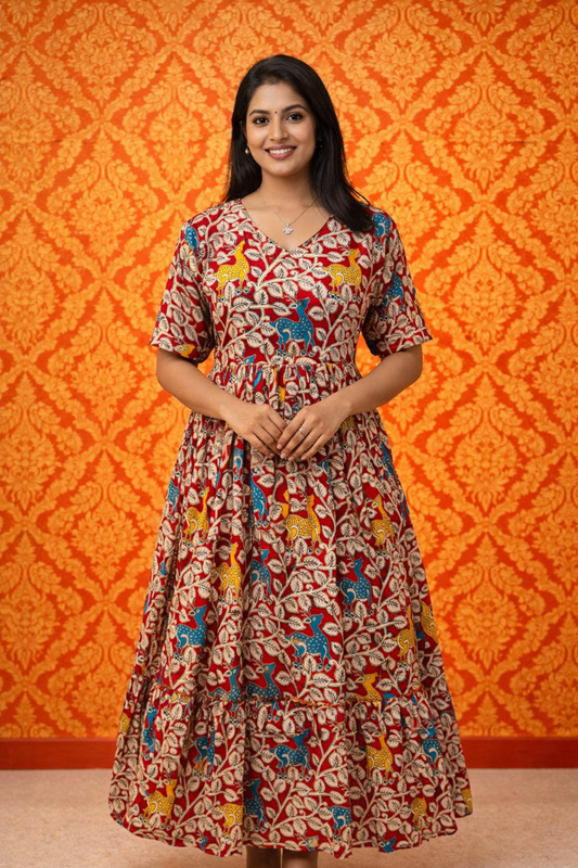 Kalamkari Cotton Puff Midi - KKMD33