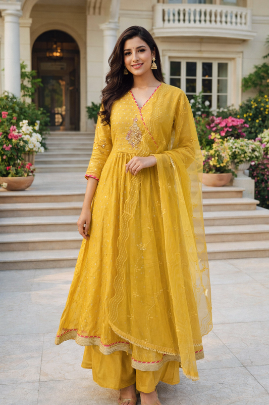 Premium Party Wear Divine Yellow 3 Pcs Anarkali Set - PPAS02