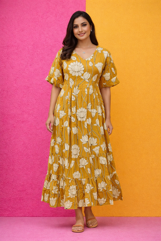 Kalamkari Cotton Puff Midi - KKMD06