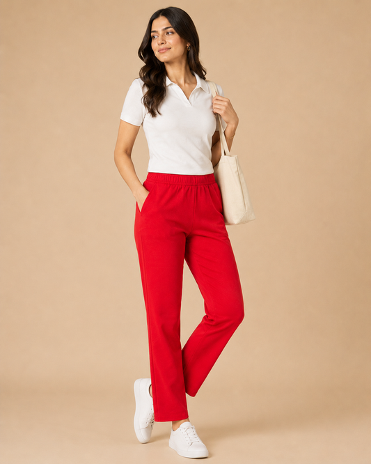 Stretchable Straight Pant With Pocket - Bright Red