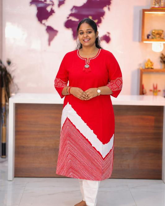 Crimson Red & White Chevron Pattern Kurti - SAKT01