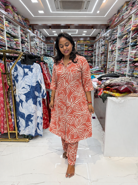 Rust Orange Tropical Leaf Print Flex Cotton Co Ord Set - JVCS07