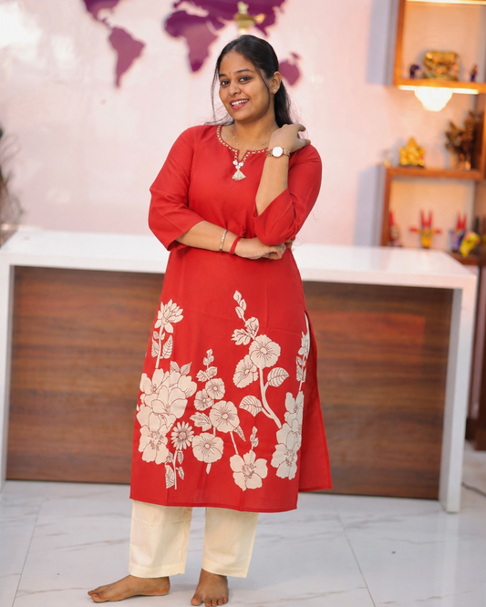 Rust Red with Ivory Floral Print Kurti - SAKT02
