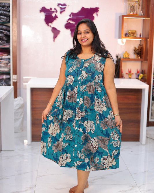 Jaipur Cotton Teal Blue Floral Motif Sleeveless Midi - CPMD05
