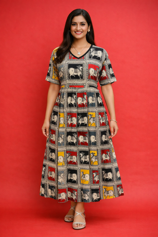 Kalamkari Cotton Puff Midi - KKMD19