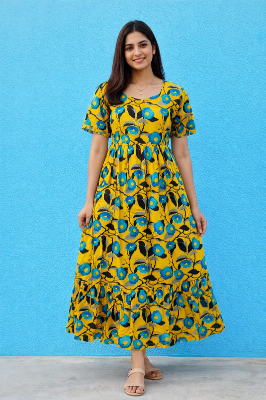 Kalamkari Cotton Puff Midi - KKMD39
