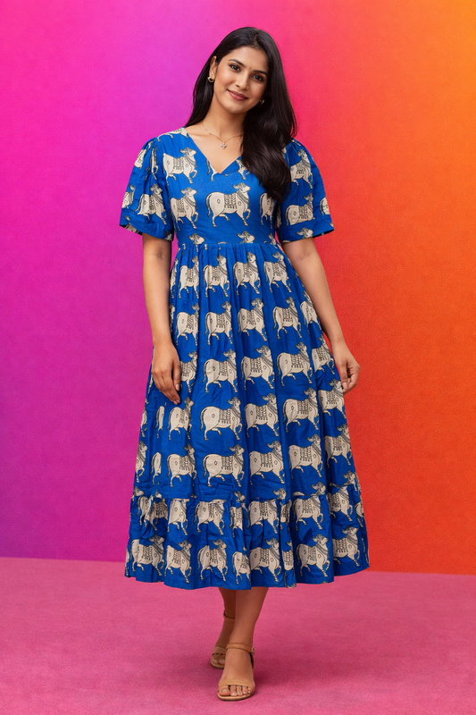 Kalamkari Cotton Puff Midi - KKMD13