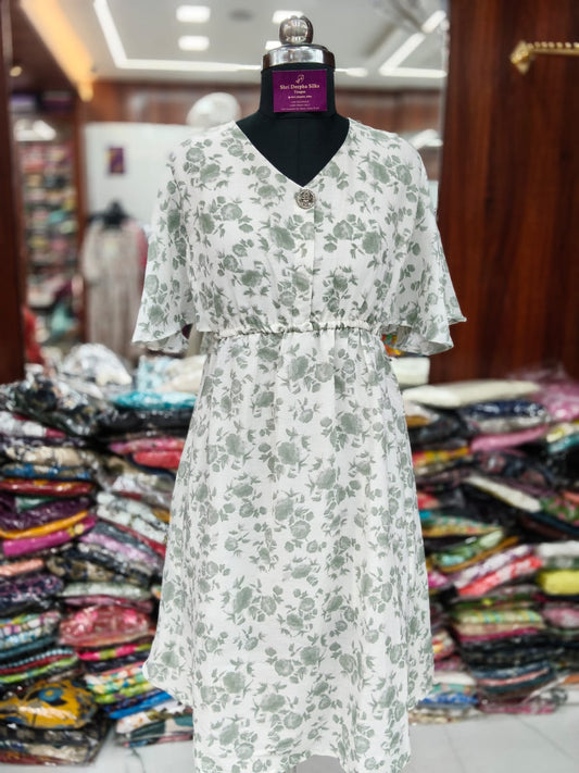 Off White Base Light Green Flowers Western Midi - WM22