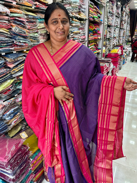 Pure Checks Silk Saree Purple - M001